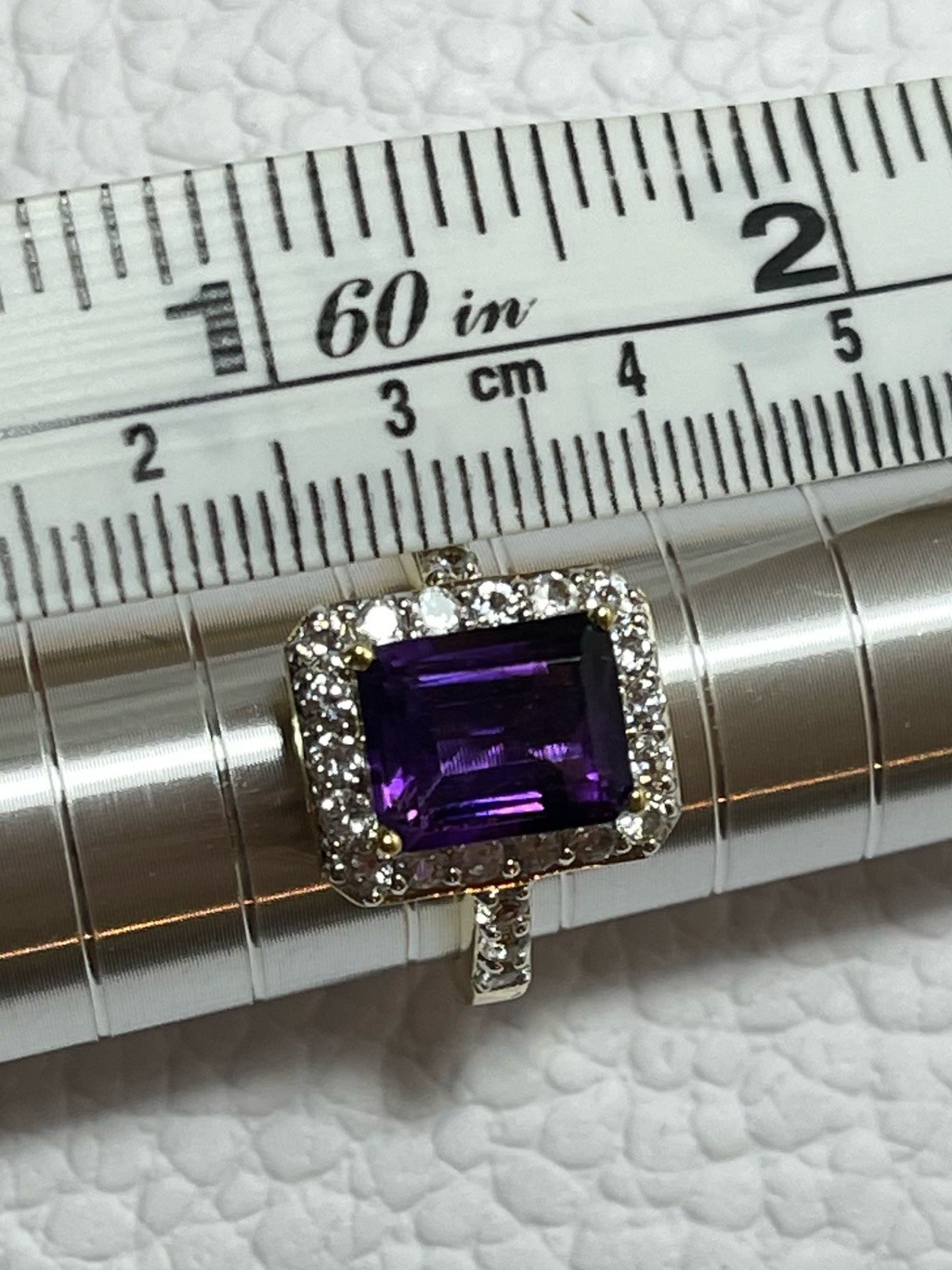 Emerald Cut Amethyst Halo Ring - Size 7